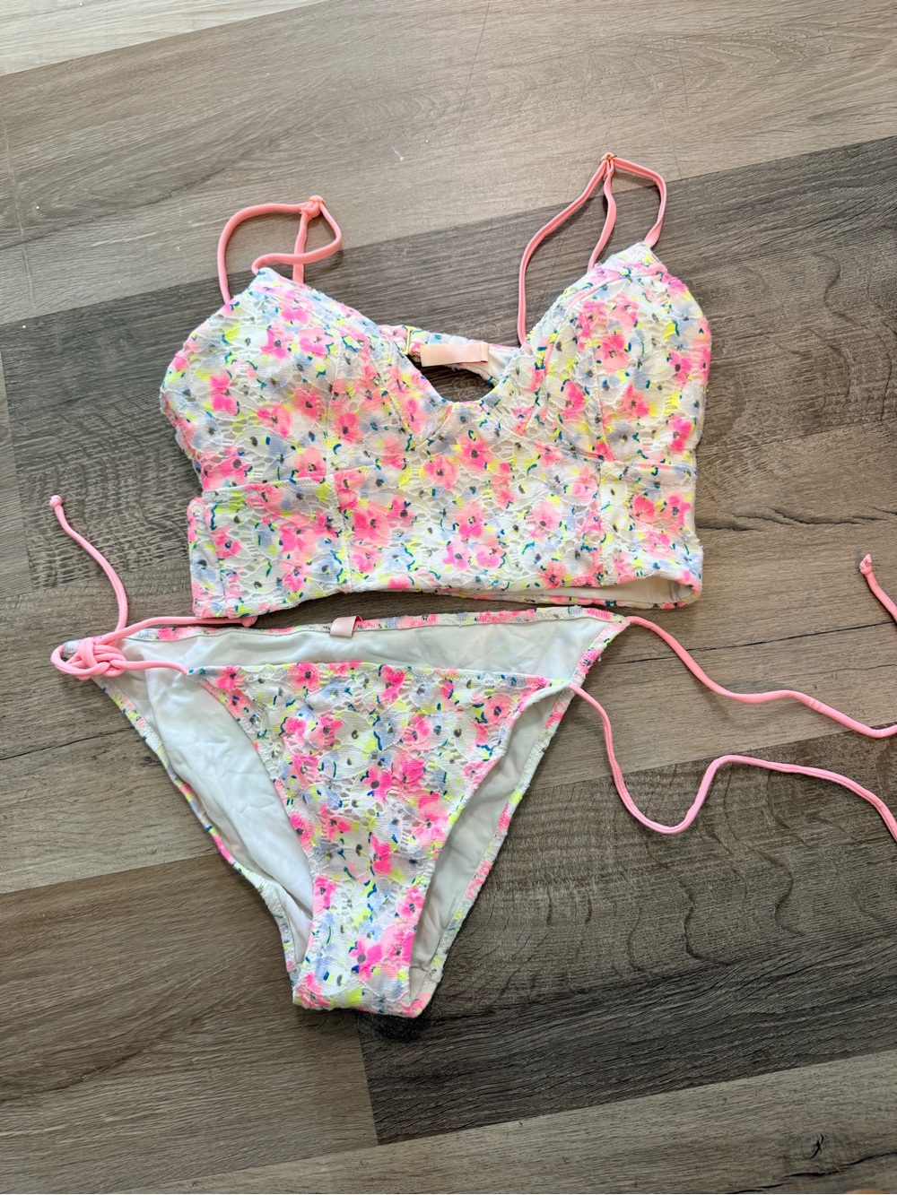 VICTORIA’S SECRET PINK WHITE NEON FLORAL BIKINI SET